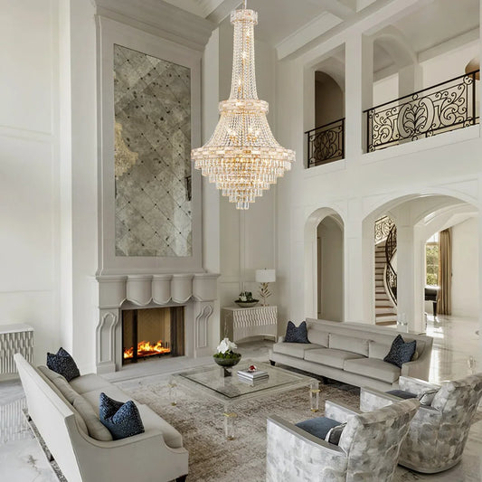 Luxury Gold Crystal Chandelier for High Ceiling Staircase Modern Large K9 Crystal Hanging Pendant Light Living Room Vila Lobby