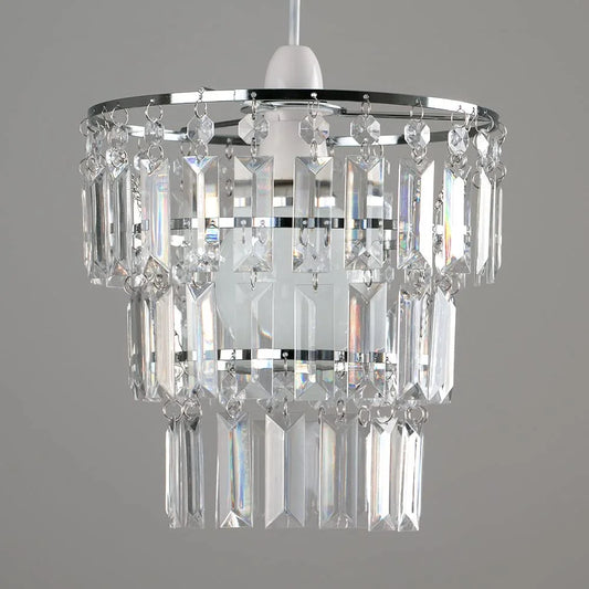 Lustre frisado claro com gotas acrílicas, Modern Chrome Lustre, Teto Pingente, Sombra Luz sem Kit Cordão, 3 Tiers