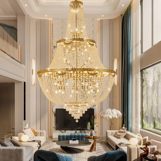 European Vintage Crystal Chandelier American Gold Modern Luxury Villa Living Room Crystal Light High Ceiling Decorative Lighting