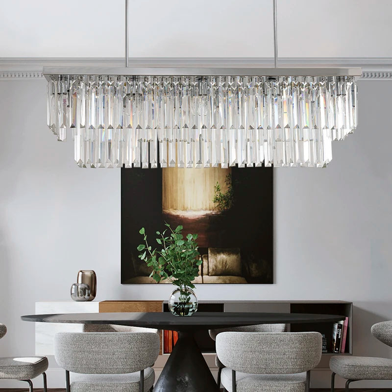 Modern silver crystal chandelier for dining room rectangle kitchen island suspension crystal lamps Luxury home decor led light