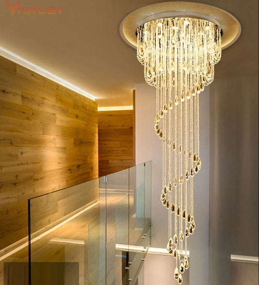 Modern Crystal Ceiling Lamp Spiral Design Crystal High Ceiling Pendant Light Chandelier for Living Room Hotel Stairs