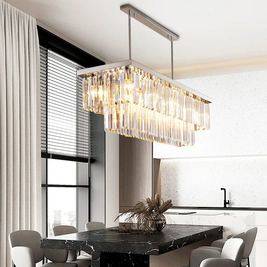 Modern silver crystal chandelier for dining room rectangle kitchen island suspension crystal lamps Luxury home decor led light