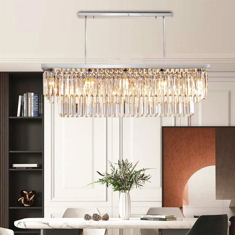Modern silver crystal chandelier for dining room rectangle kitchen island suspension crystal lamps Luxury home decor led light