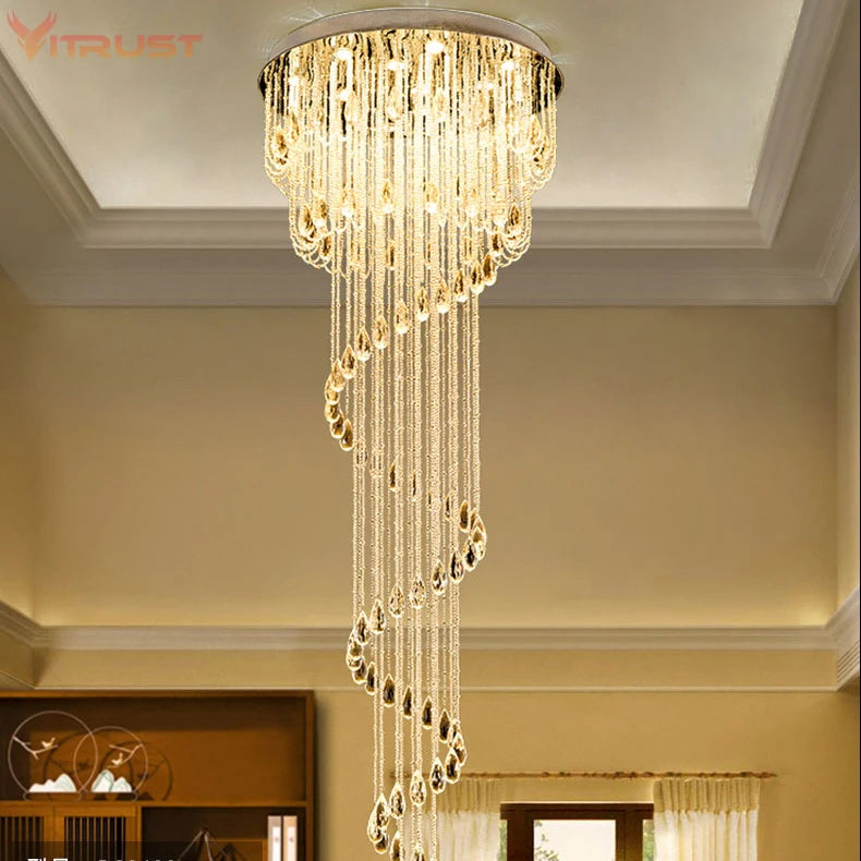 Modern Crystal Ceiling Lamp Spiral Design Crystal High Ceiling Pendant Light Chandelier for Living Room Hotel Stairs