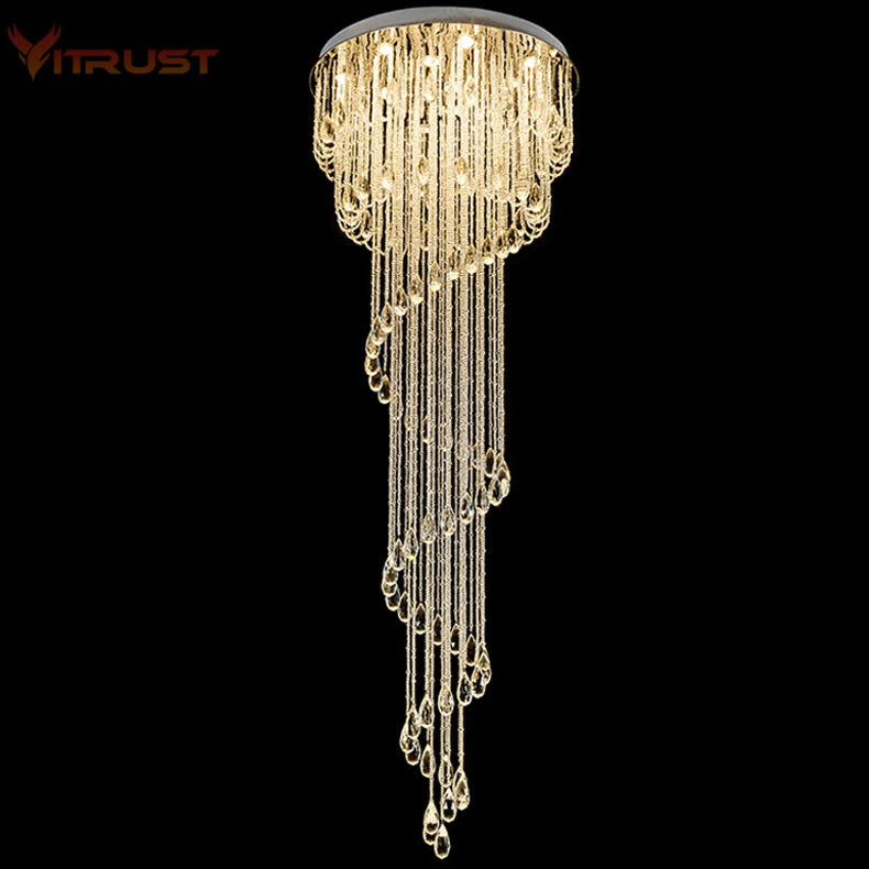 Modern Crystal Ceiling Lamp Spiral Design Crystal High Ceiling Pendant Light Chandelier for Living Room Hotel Stairs