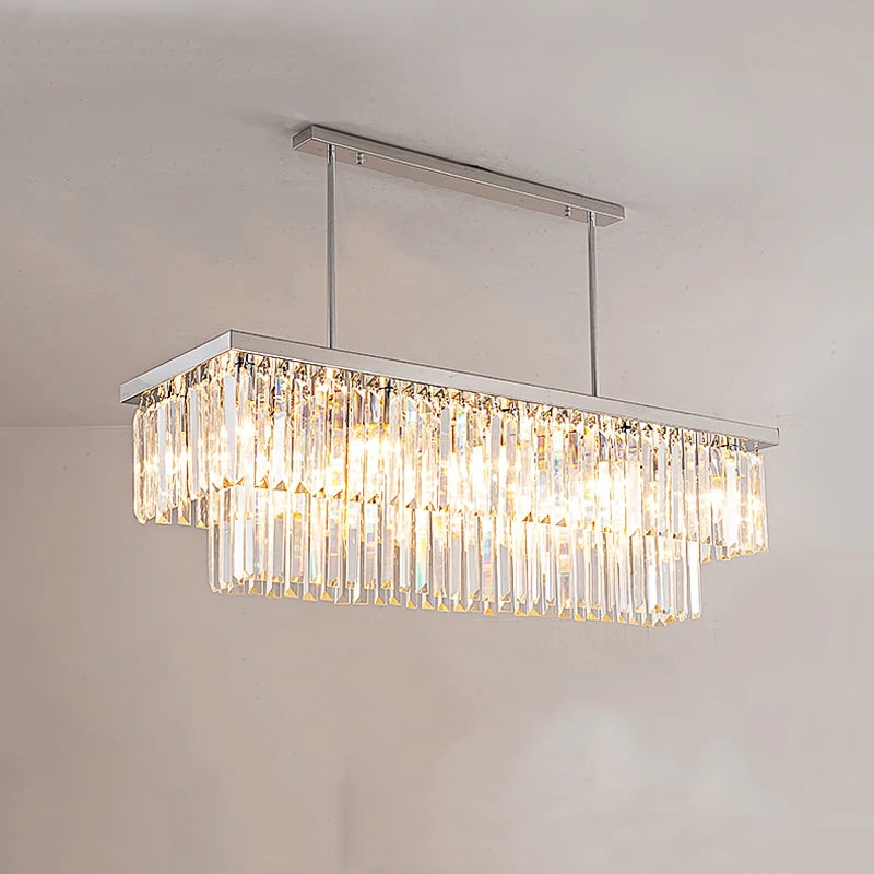 Modern silver crystal chandelier for dining room rectangle kitchen island suspension crystal lamps Luxury home decor led light
