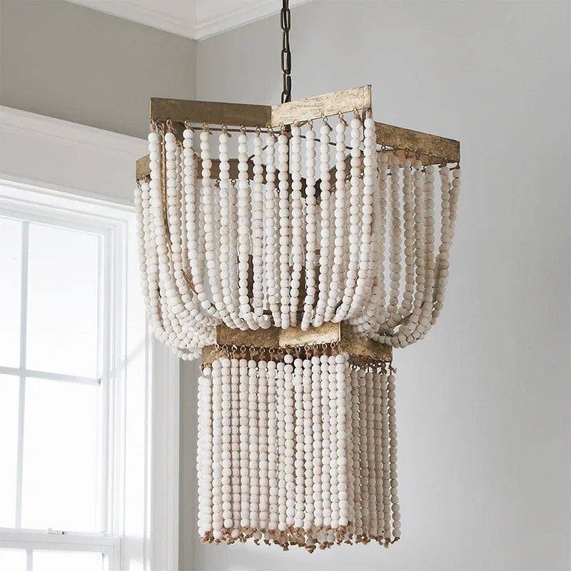 Large Wood Fringe Chandelier Beaded Lighting Vintage Loft Farmhouse Hanging Light Nordic Antique Wood Chandelier Kitchen Light