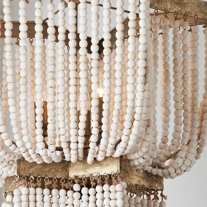 Large Wood Fringe Chandelier Beaded Lighting Vintage Loft Farmhouse Hanging Light Nordic Antique Wood Chandelier Kitchen Light