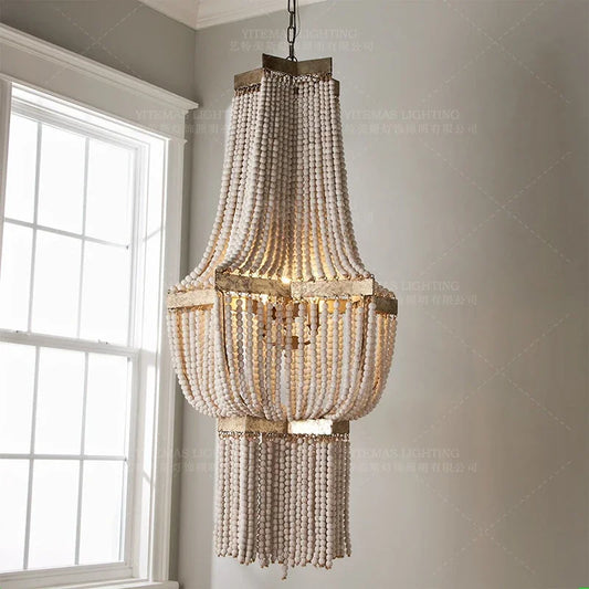 Large Wood Fringe Chandelier Beaded Lighting Vintage Loft Farmhouse Hanging Light Nordic Antique Wood Chandelier Kitchen Light