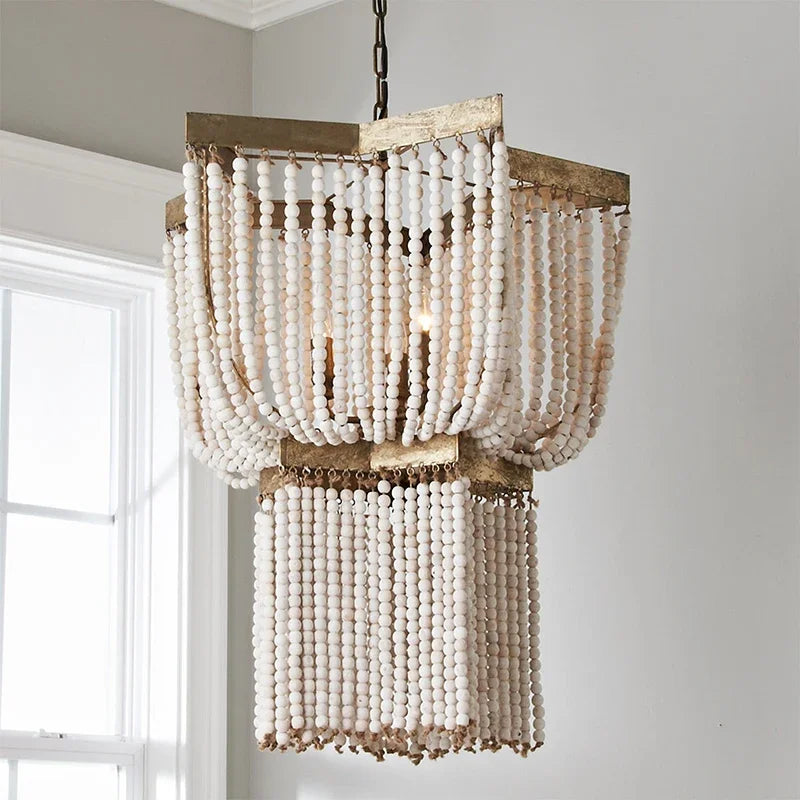 Large Wood Fringe Chandelier Beaded Lighting Vintage Loft Farmhouse Hanging Light Nordic Antique Wood Chandelier Kitchen Light