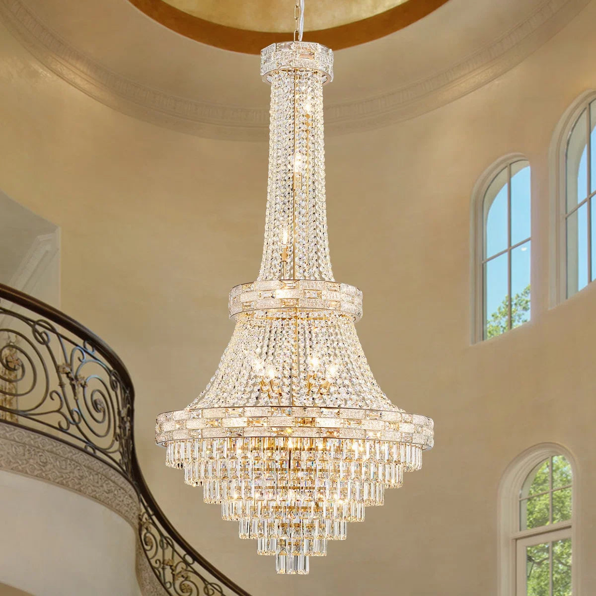 Luxury Gold Crystal Chandelier for High Ceiling Staircase Modern Large K9 Crystal Hanging Pendant Light Living Room Vila Lobby