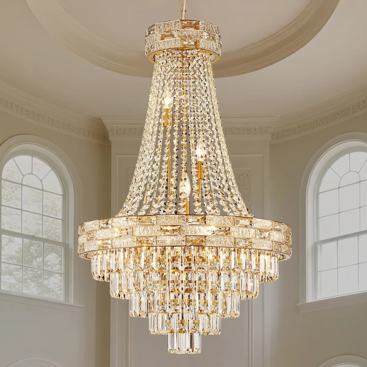 Luxury Gold Crystal Chandelier for High Ceiling Staircase Modern Large K9 Crystal Hanging Pendant Light Living Room Vila Lobby