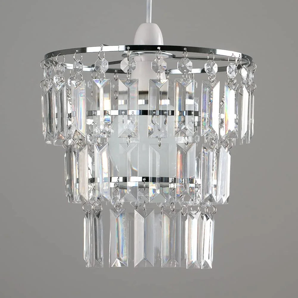 Lustre frisado claro com gotas acrílicas, Modern Chrome Lustre, Teto Pingente, Sombra Luz sem Kit Cordão, 3 Tiers