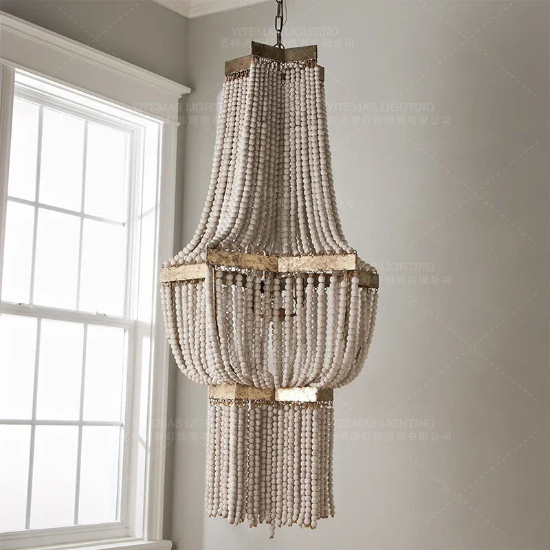 Large Wood Fringe Chandelier Beaded Lighting Vintage Loft Farmhouse Hanging Light Nordic Antique Wood Chandelier Kitchen Light