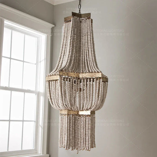 Large Wood Fringe Chandelier Beaded Lighting Vintage Loft Farmhouse Hanging Light Nordic Antique Wood Chandelier Kitchen Light