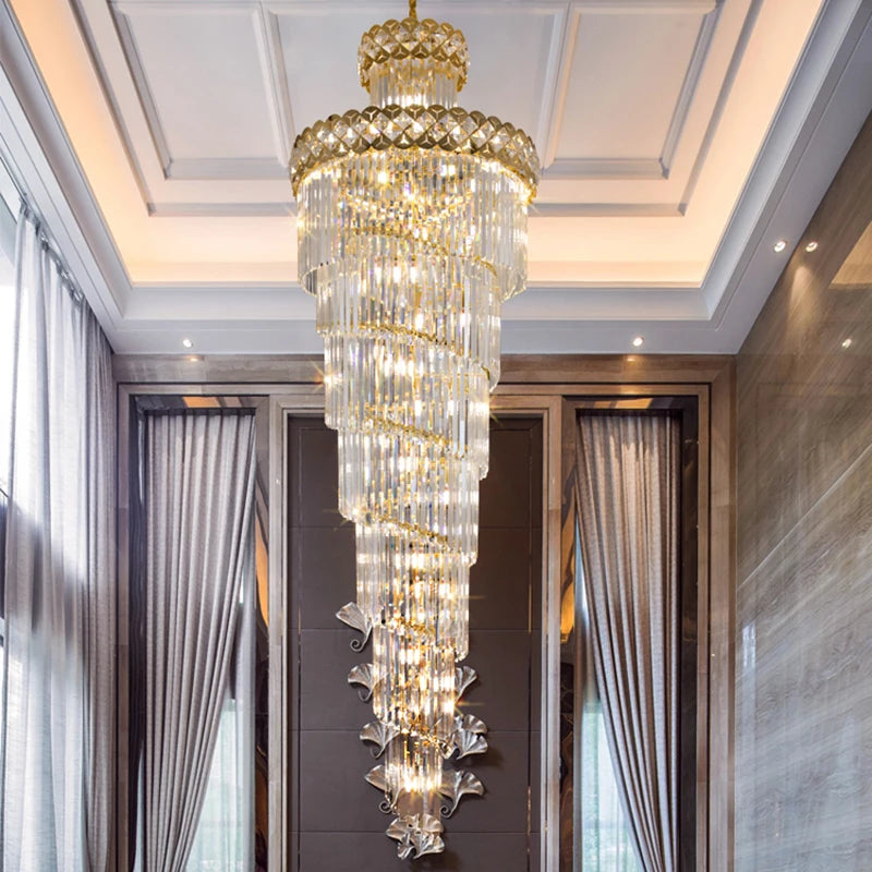 Modern Luxury Large Crystal Chandeliers Hanging Lamp For Villa Hotel Lobby Loft Living Room Decor Rotating Long Pendant Light
