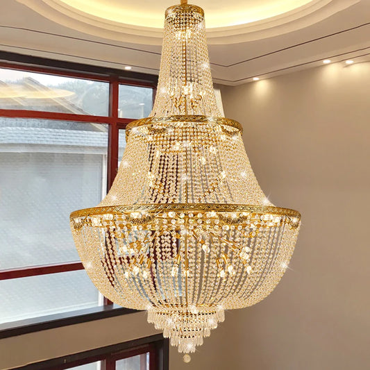 European Vintage Crystal Chandelier American Gold Modern Luxury Villa Living Room Crystal Light High Ceiling Decorative Lighting