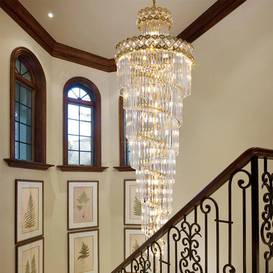 Modern Luxury Large Crystal Chandeliers Hanging Lamp For Villa Hotel Lobby Loft Living Room Decor Rotating Long Pendant Light