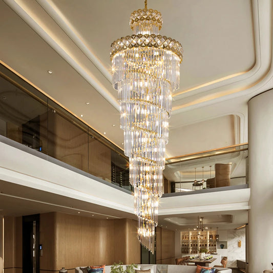 Modern Luxury Large Crystal Chandeliers Hanging Lamp For Villa Hotel Lobby Loft Living Room Decor Rotating Long Pendant Light