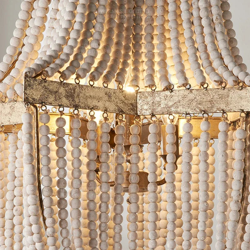 Large Wood Fringe Chandelier Beaded Lighting Vintage Loft Farmhouse Hanging Light Nordic Antique Wood Chandelier Kitchen Light
