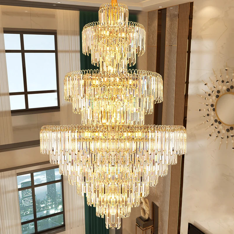 2025New European Duplex Large Chandelier Villa Building Middle Floor Living Room LED Crystal Lamp Hall Long Chandelier Luxury